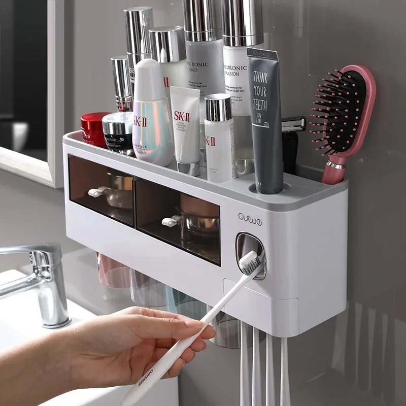 Toothbrush Bathroom Accessories Set Wall Mount Storage Rack Toiletries Storage Toothpaste Dispenser with Cup Mug Holder Rack