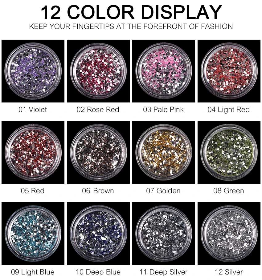 1pcs 12 Colors Silver Nail Glitter Flakes Powder