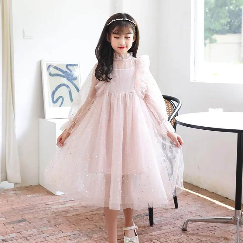 

Ruffle Mesh Dress Girls 2022 Spring/Summer Fashion Princess Kids Sequin Star Dresses White/Pink For Age 4-14 Years Partywear