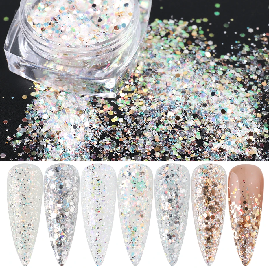 6pc Glitter for Nails Mixed Hexagon Sequin Champagne Laser Sliver Nail Art Flakes Paillette Manicure Decoration Design LA1539-27 nail glitter nail decoration nail decorations nail flakes