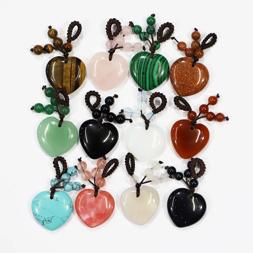 25mm Natural Stone Heart Keychain Love Pendant Necklace Purple Crystal Sodalite Braided Rope Charm Jewelry Gifts Accessories 4Pc