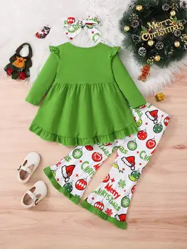 Toddler Girls Christmas Outfits, Long Sleeve Tops Full Print Bell Bottoms Girls Christmas Pants Set 1-6T 2