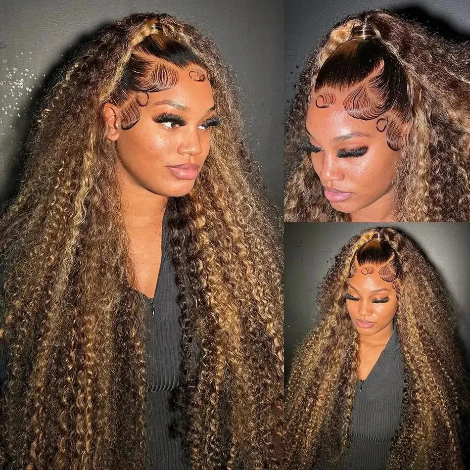 Evidenziare parrucca capelli umani 100% ricci 13x6 HD parrucche frontali in pizzo per le donne Ombre colorate parrucca frontale onda profonda acqua capelli umani 200 - immagine 5