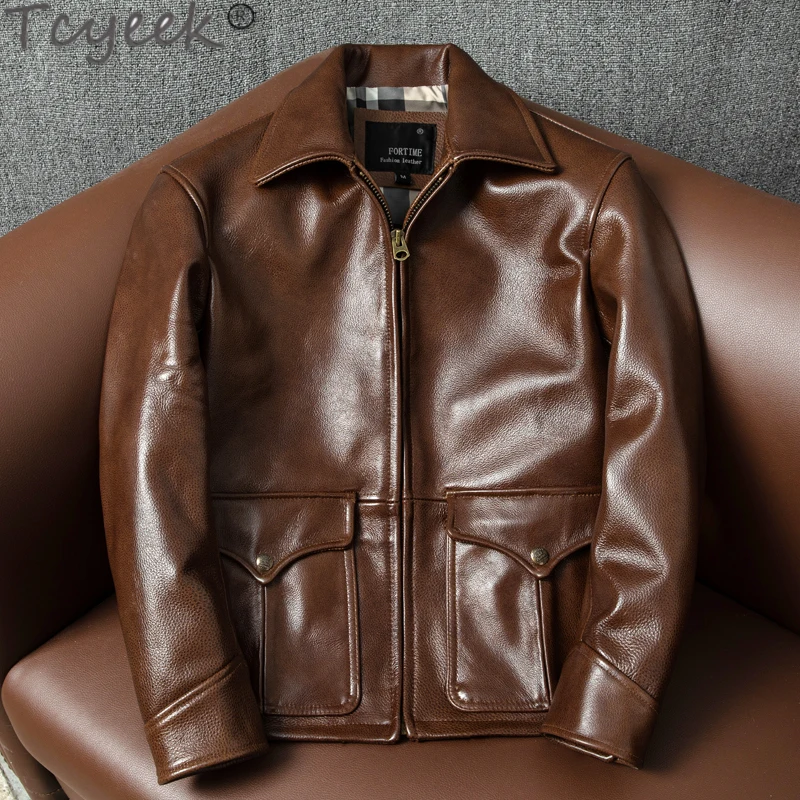 

Высококачественная Мужская куртка из натуральной кожи, новинка, пальто из воловьей кожи с масляным воском, приталенная куртка с лацканами, утепленное кожаное пальто 1,5 мм