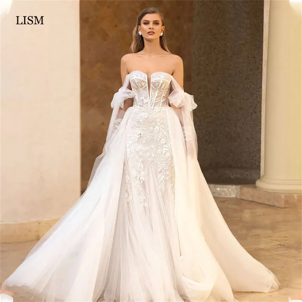 

LISM Gorgeous Strapless Lace Appliques Mermaid Wedding Dresses Detachable Train Elegant V Neck Tulle Bride Dress Robe De Mariée