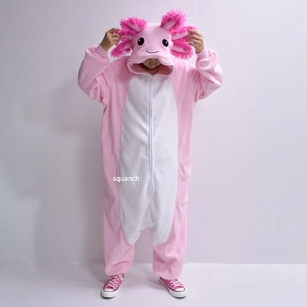 Couple Cute Onesies Halloween Salamander Pajama Black White Animal Kigurumis Women Men Cute Outfit Zipper Jumpsuit