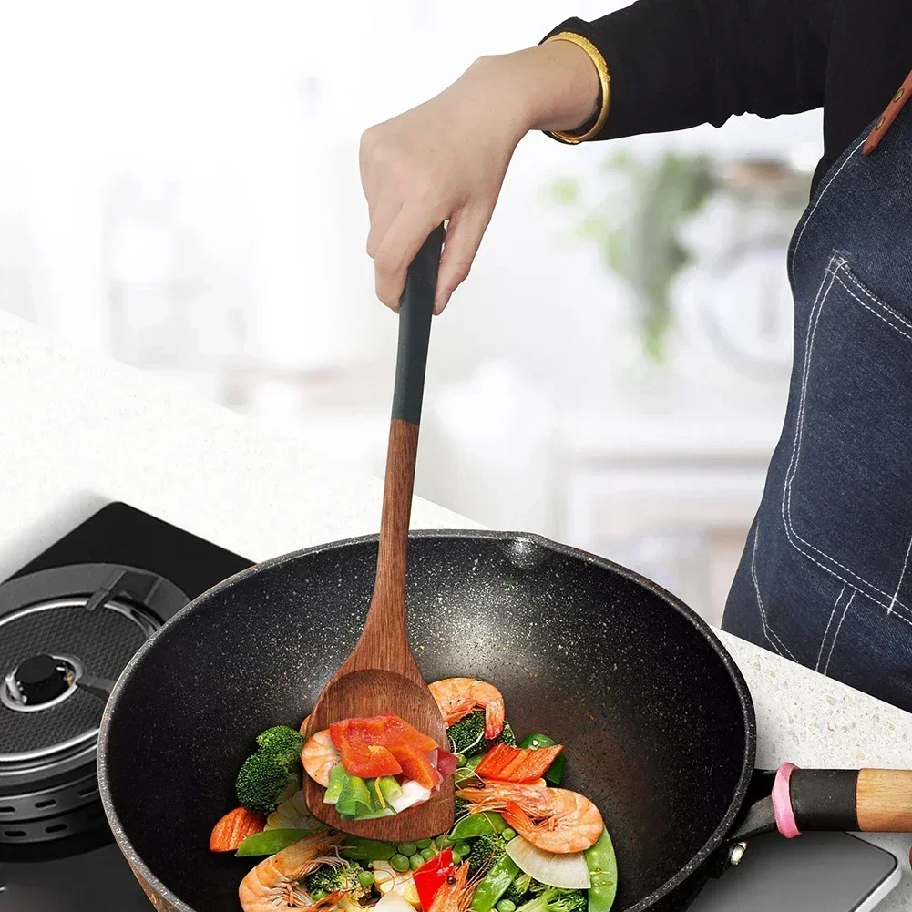 Wooden Kitchenware Set Long Handle Spatula Rice Scoop Vegetable Meat Cooking Shovel Mixing Spoons For Nonstick Pan Kitchen Tools