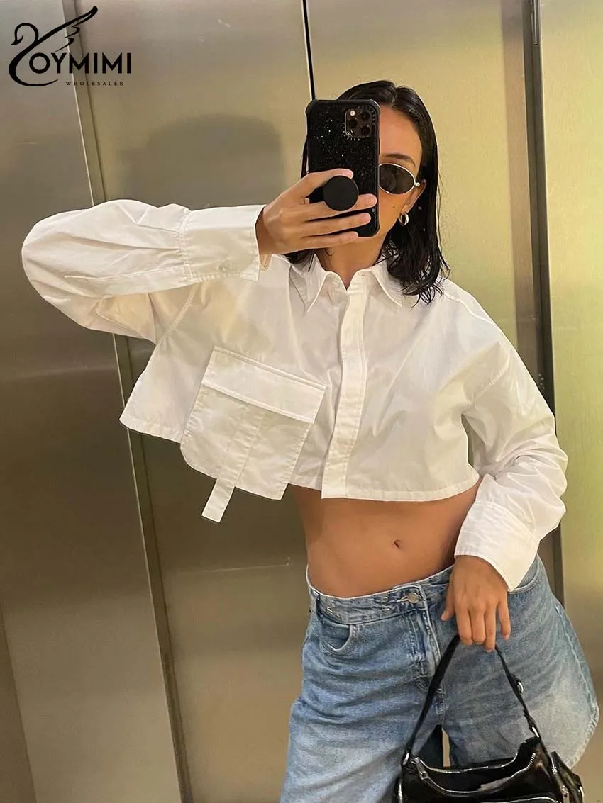Oymimi Elegant White Cotton Women's Shirt Fashion Long Sleeve Pockets Crop Shirts Summer Autumn Turn-Down Collar Solid Blouses