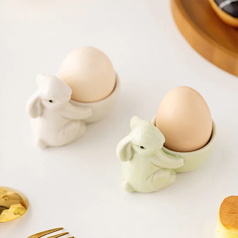 Hot Sale Ceramic Rabbit Shape Egg Cups Breakfast Egg Holder Cute Fresh Simple Ornament for Desktop Living Room Home Office Decor