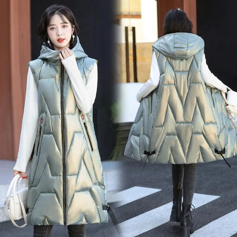 

Long Vest Woman Waterproof Jacket Korean New Hooded Fashion Winter Thick Warm Jacket Sleeveless Coat Female Long Waistcoat