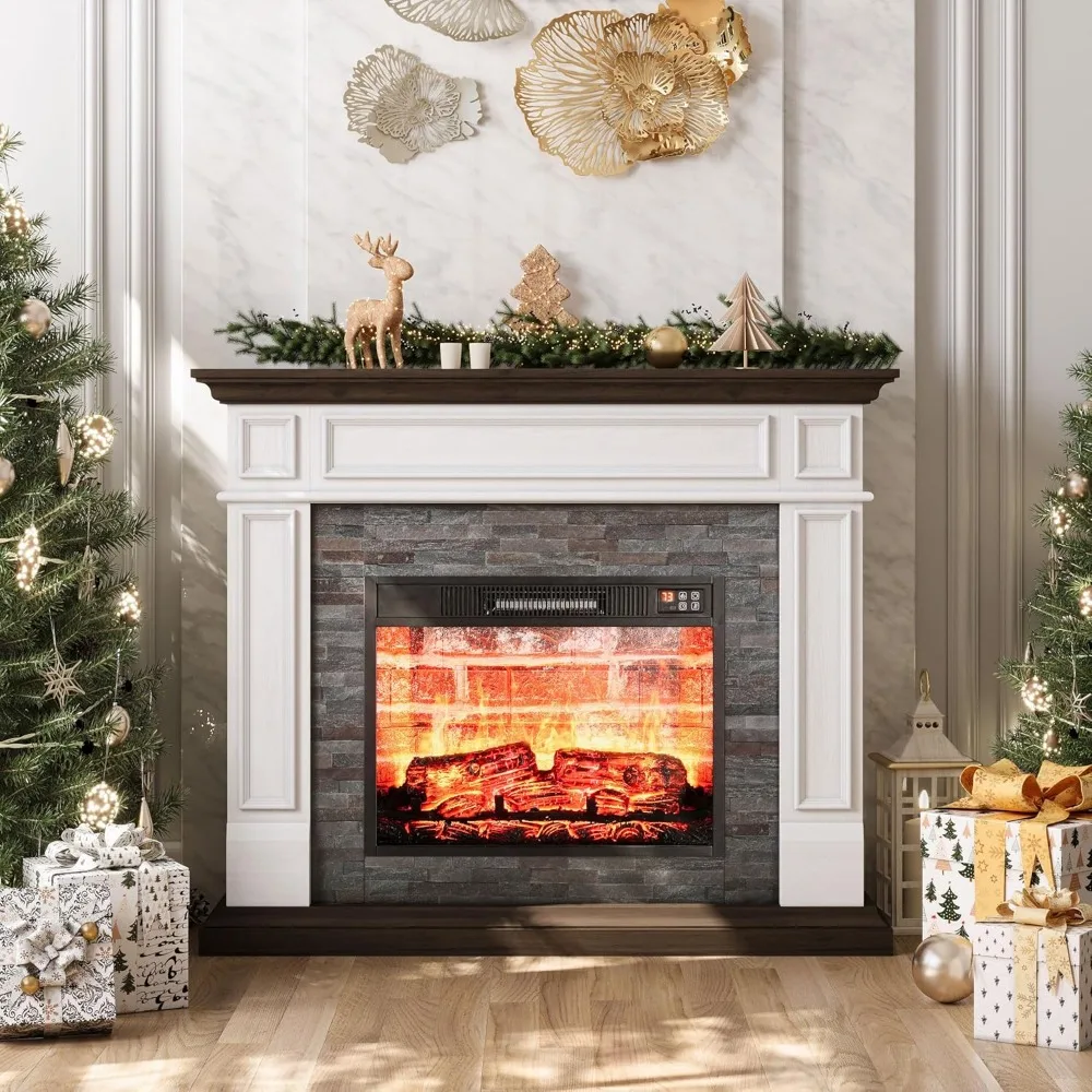 44" Electric Fireplace with Mantel, Portable Freestanding Wood Stove Heater, Realistic 3D Dancing Flame Effect ,White&brown