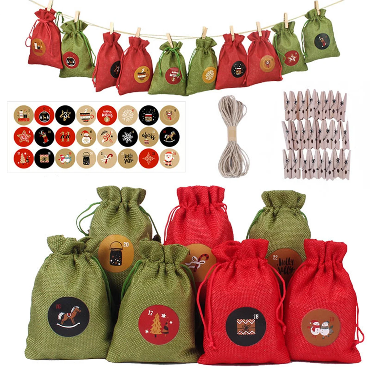 24Days Christmas Advent Calendar Bag Xmas Gift Bags With Clips Wall Hanging Drawstring Bag Christmas Countdown Advent
