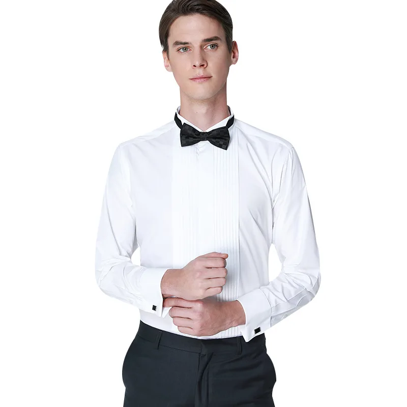 

Classic Winged Collar Dress Shirt Men's Wingtip Tuxedo Formal Shirts with Red Black Bow Tie Party Dinner Wedding Bridegroom Tops