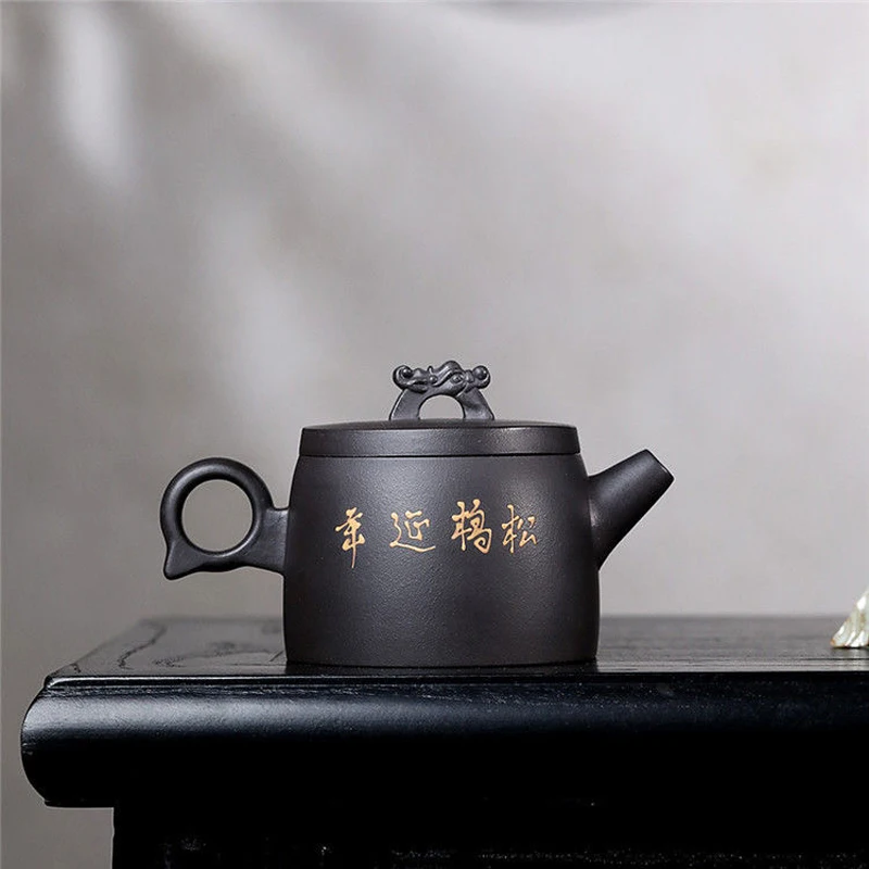 Chinese Pine Crane Patterns, Black Gold Sand From Original Mine Yixing Purply Clay Chinese Kongfu Tea Pots, Handmade, 190ml, New