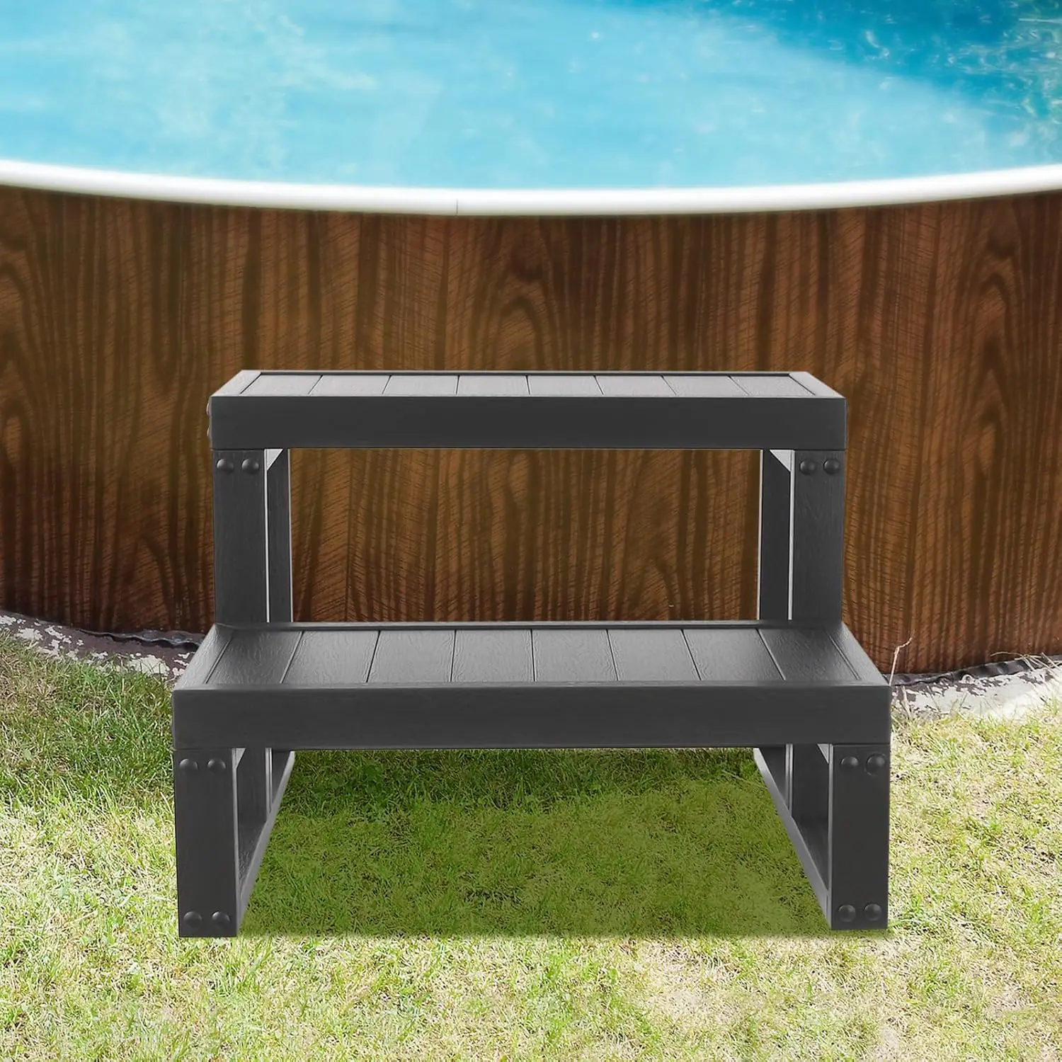 2-stufige rutschfeste WPC-Badewannenstufen, Whirlpool-Stufen, Spa-Treppe, für Badewanne, einfache Montage für Innen- und Außen-Spa, Schwarz – Detail 1
