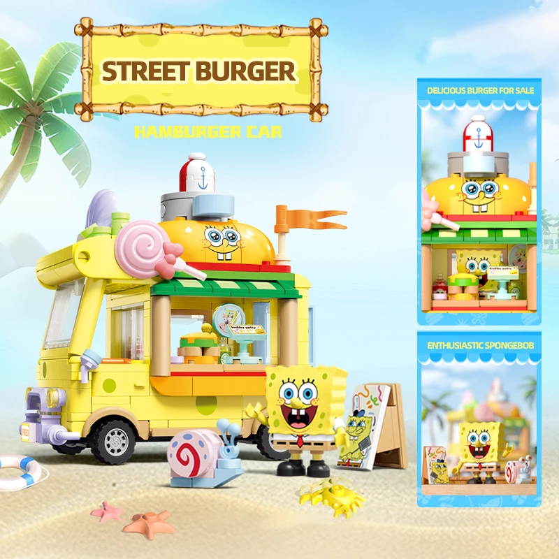 SpongeBob SquarePants Series Building Blocks Hamburger Car Patrick Star Dessert Ice Cream Car Model Bricks Kids DIY Toys Gifts 3