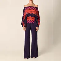 Women Print Satin Outfit Lantern Sleeve Off Shoulder Long Sleeve Blouse Office Lady 2 Piece Sets New Casual Wide Leg Pants Suits - Image 5