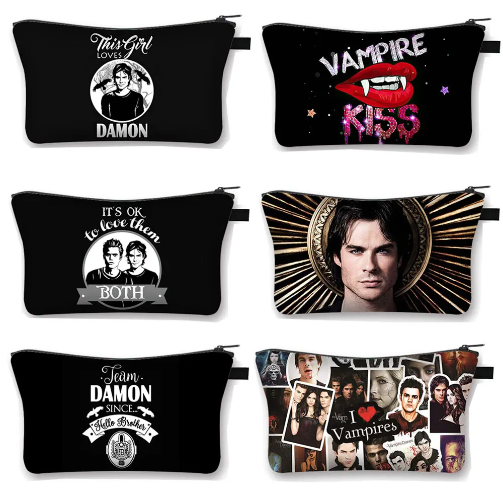 The Vampire Diaries Cosmetic Case DAMON Women Makeup Bag TVD Lipstick Storage Bags Harajuku Zipper Pouch Cute Toiletry Bags makeup organizer,cosmetic bag,cosmetic storage bag,toiletry bag,makeup bag,cosmetic case