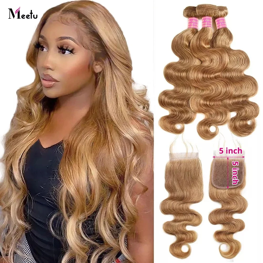 

#27 Honey Blonde Bundles with Closure Body Wave Bundles with Closure 5x5 Transparent Closure with Bundles 3 Bundles with Closure