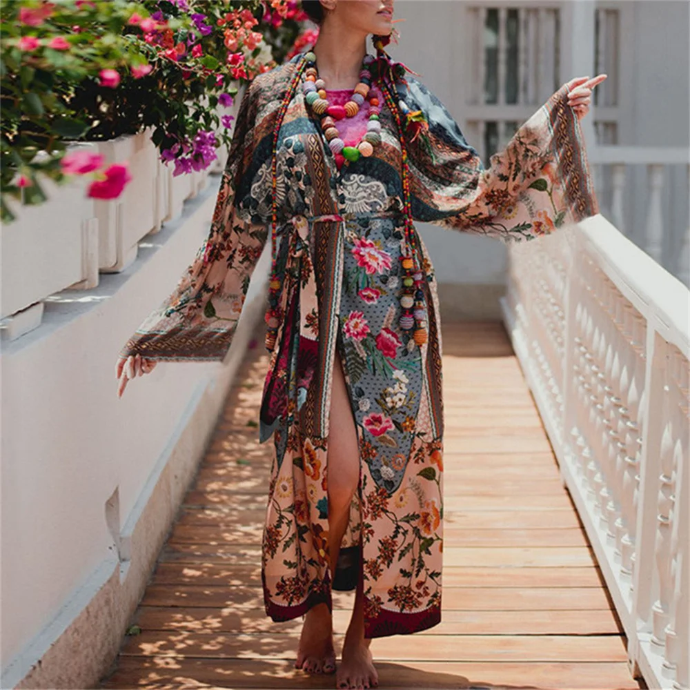 2022 Summer Floral Print Beach Cover Up Dress Tunic Long Pareos Bikinis Cover Ups Swim Cardigan Cover Up Robe Plage Beachwear bathing suit bottom cover up