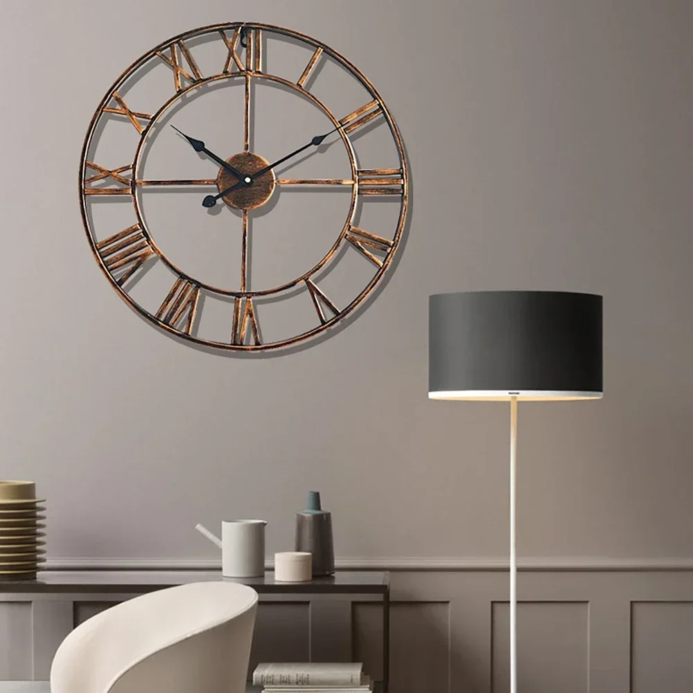 40/47/60cm Morden 3D Large Retro Golden/Black Iron Round Art Hollow Metal Wall Clock Nordic Roman Numerals Clock Home Decoration wall clock