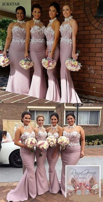 더스티 핑크 인어 긴 신부 들러리 드레스 고삐 3d 아플리케 Vestido De Fiesta De Boda 고삐 예쁜 이브닝 가운 무료 배송