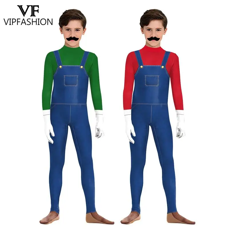 

VIP FASHION Game Bros Cosplay Costume Child Funny Party Bodysuit Boys Girls Red Green Brothers Jumpsuit Halloween Outfit