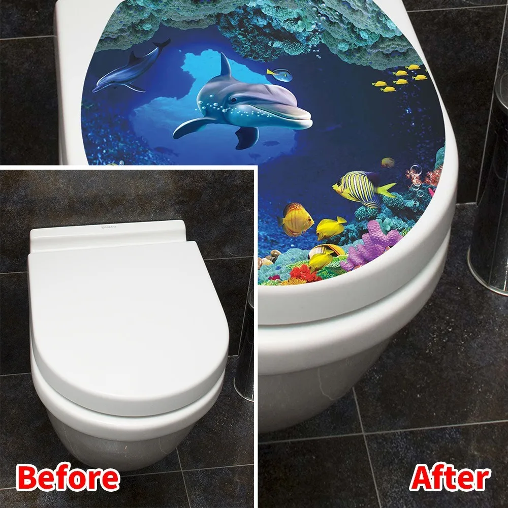Art Sea World Toilet Seat Sticker Sea Fish Waterproof Bathroom Decor Sticker Removable Self Adhesive Home Decor 1PC