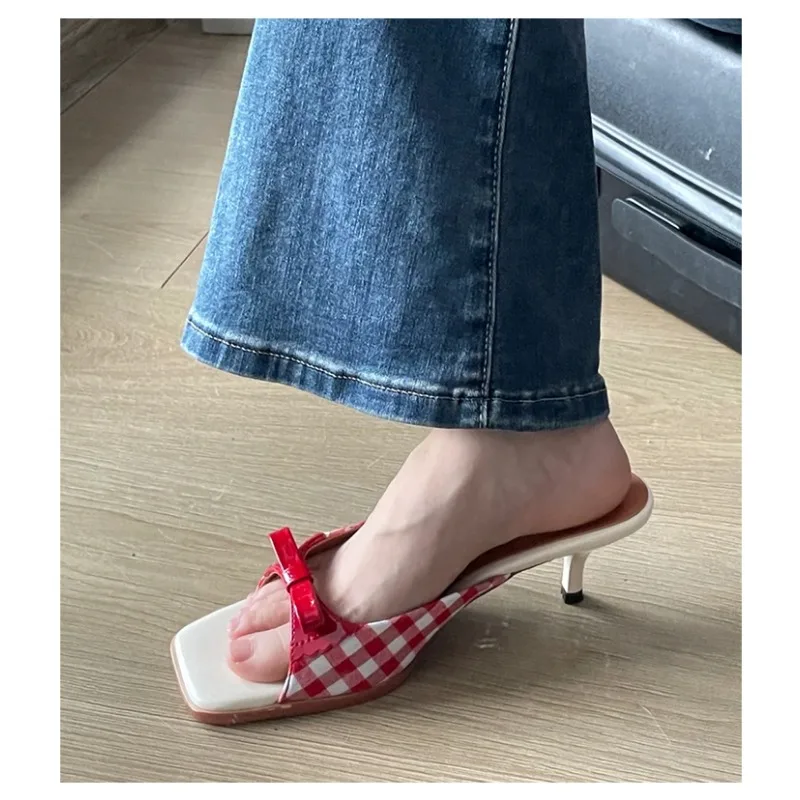 Retro Plaid Bow Sandals Kitten Heels White Red French Style Peep Toe Shoes Mixed Color Sweet and Cute Women's Vocation Shoes 4