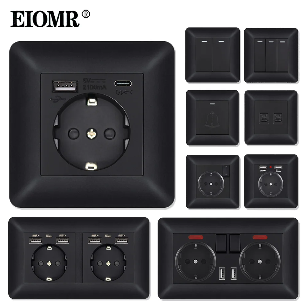 Tomada Eiomr ue com Porta de Carregamento Usb tipo c Painel de pc Retardador de Chama Curvo Preto Soquete Único de 86 mm e Soquete Duplo de 146 mm
