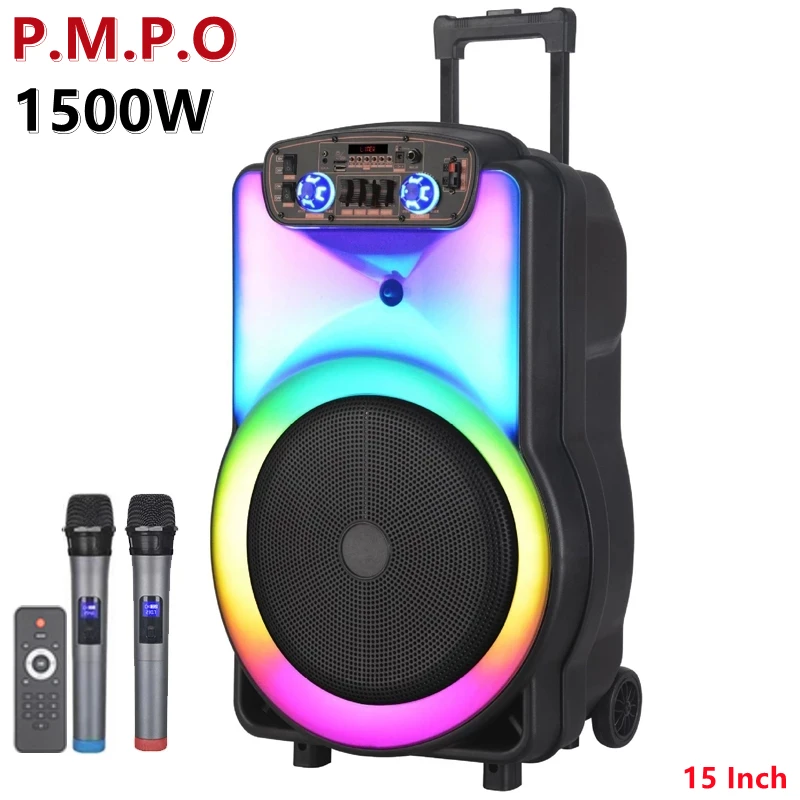 

15 inch Bluetooth Speaker 1500W Power Wireless Column Portable Handcart Audio Outdoor 40W Bass Karaoke Party With Microphone FM