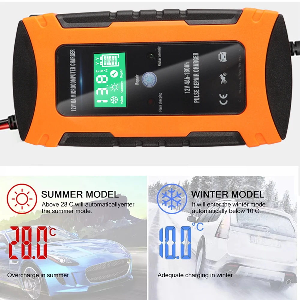 12V 10A Car Battery Charger Lcd Touch Screen Display Automatic Smart Battery Charger Pulse Repair Chargers Wet Dry Lead Acid