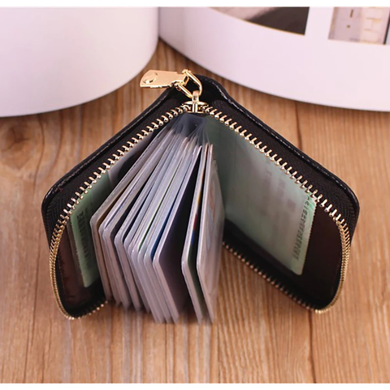 Veki Women's Credit Card Holder, RFID Leather Zipper Wallet, Small Zipper  Card Case for Men and Women (Brown)