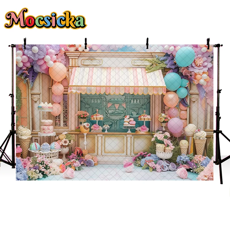 Mocsicka Photography Background Summer Ice Cream Shop Cone Floral Decor Cake Smash Kids Birthday Party Backdrop Photo Studio