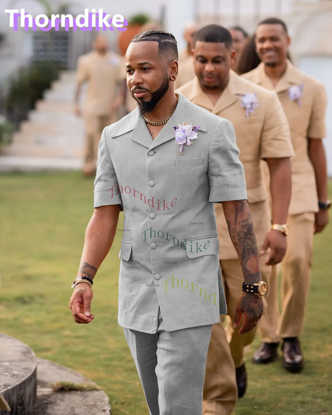 Thorndike Summer Short Sleeve Men's Suits Solid Color Single Breasted Stand Lapel 2 Pcs Blazer Casual Business Wedding
