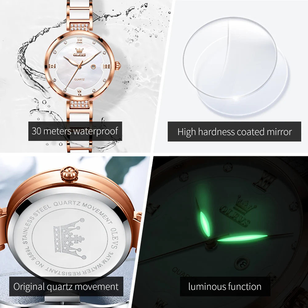 Olevs 5589 Originele Quartz Horloge Voor Vrouwen Keramische Stalen Band Kalender Luxe Dames Polshorloge Waterdichte Lichtgevende Jurk Horloge