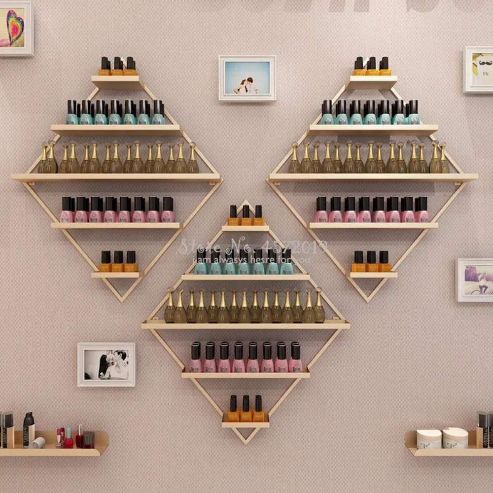 

Diamond Shape Nordic Golden Nail polish shelf Set Nail Shop Display Stand Wall Hanging Cosmetics Shelf Nail Polish Display Rack