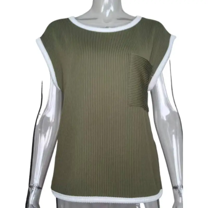 Green Rib Knitted Patchwork Striped Pocket Tshirt for Women