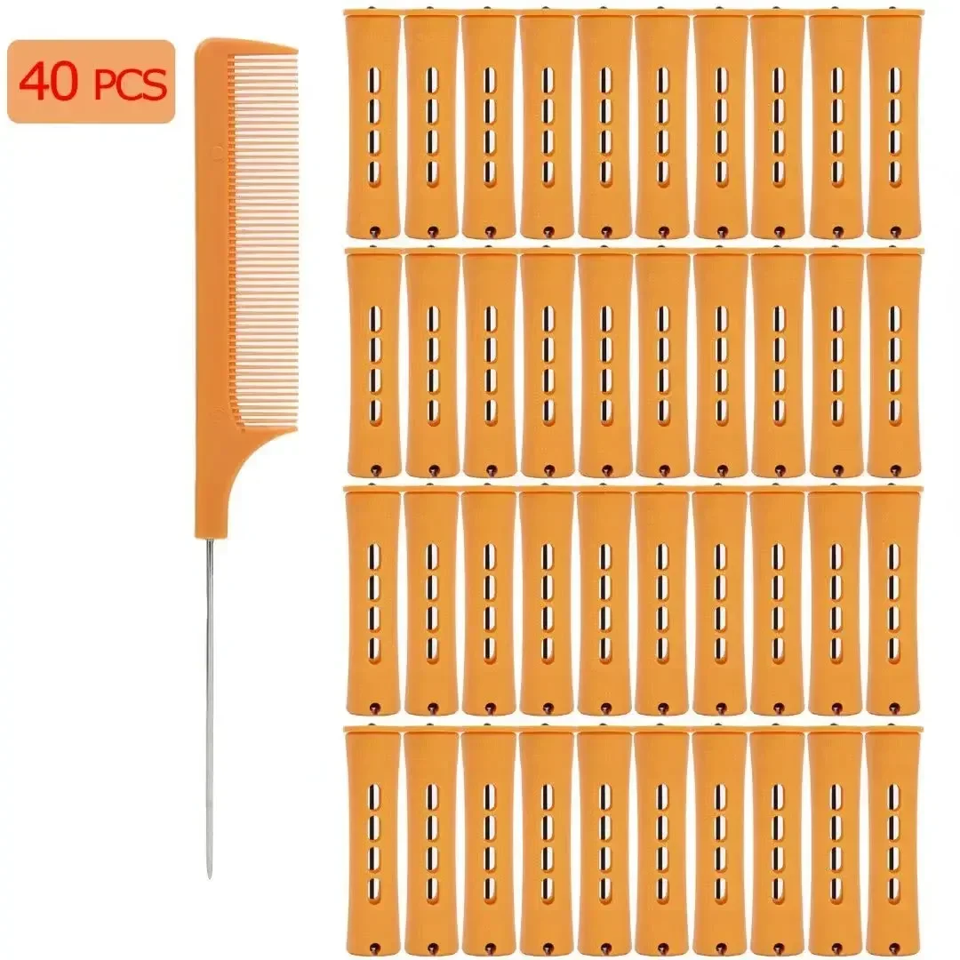 40pcs Cold Wave Perm Rods Set For Women's Long & Short Natural Hair-Plastic Orange Rollers For Curling And DIY Hairdressing