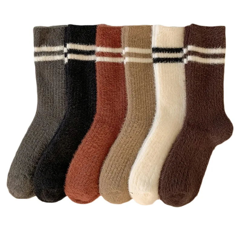 Autumn/winter Mink Velvet Socks Women's High Appearance Level Thermal Pile Socks Japanese Striped Casual Mid-tube Socks