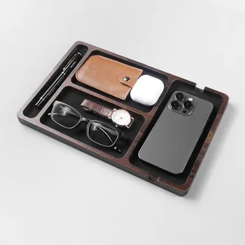 Scatola portaoggetti da scrivania in legno massello, vassoio divisorio per cellulare, cuffie e piccoli oggetti, organizer in legno