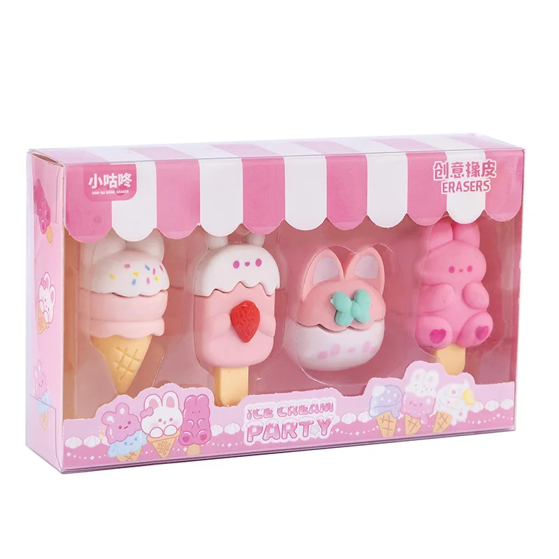 2 set/lot Cartoon Animals Shaped ICe Cream Rubber Eraser pencil eraser plasticine eraser biscuit eraser kneadable eraser retractable eraser School Supplies Stationery Kids Students Cool Prizes