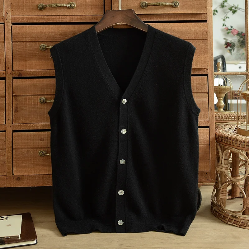 ZNTX Autumn and winter extra thick cashmere cardigan men's pure cashmere vest V-neck solid color casual coat knitted sleeveless