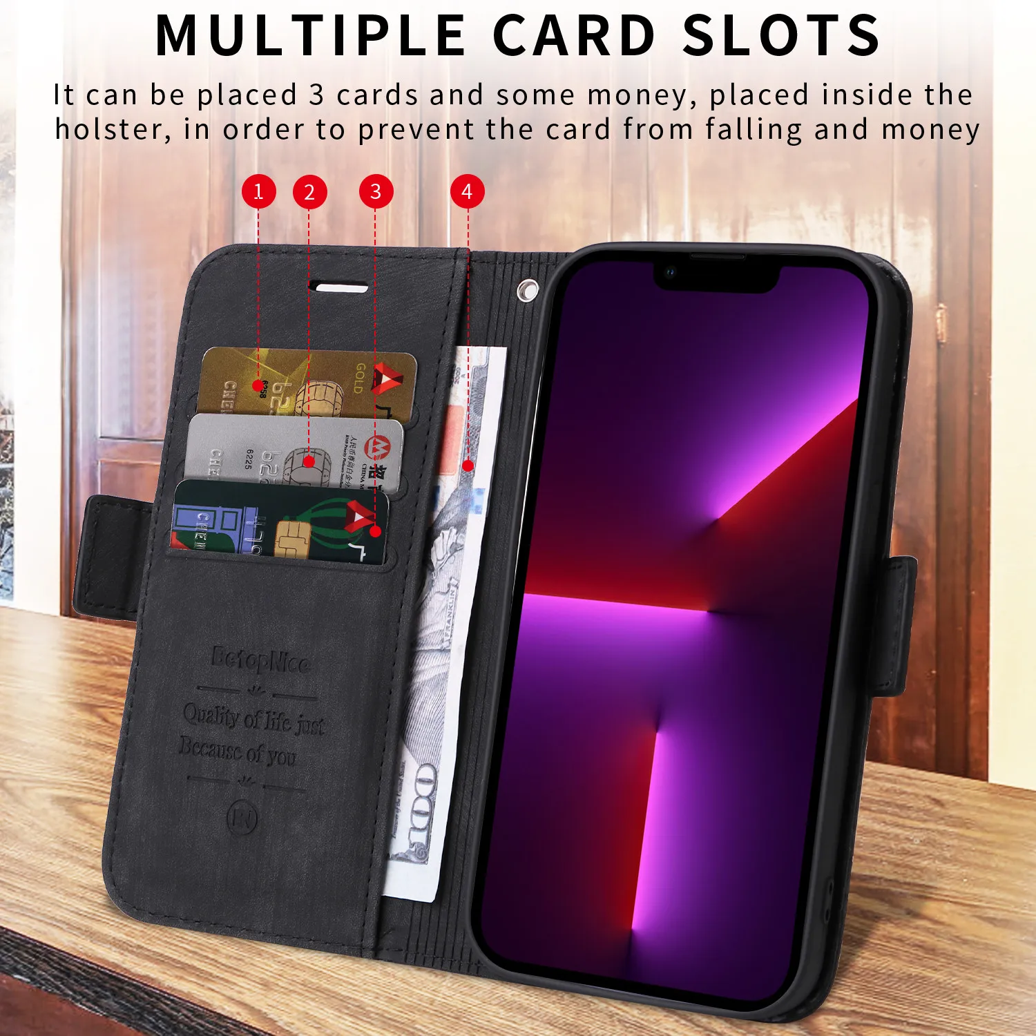 Leather Flip Phone Case with Magnetic Wallet and Stand