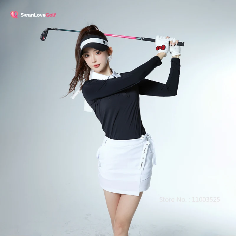SG Golf Clothing Women Lapel Long Sleeve Shirt Ladies Slim Sports Polo Tops High-waist Bowknot Short Skirt Pencil Golf Skorts