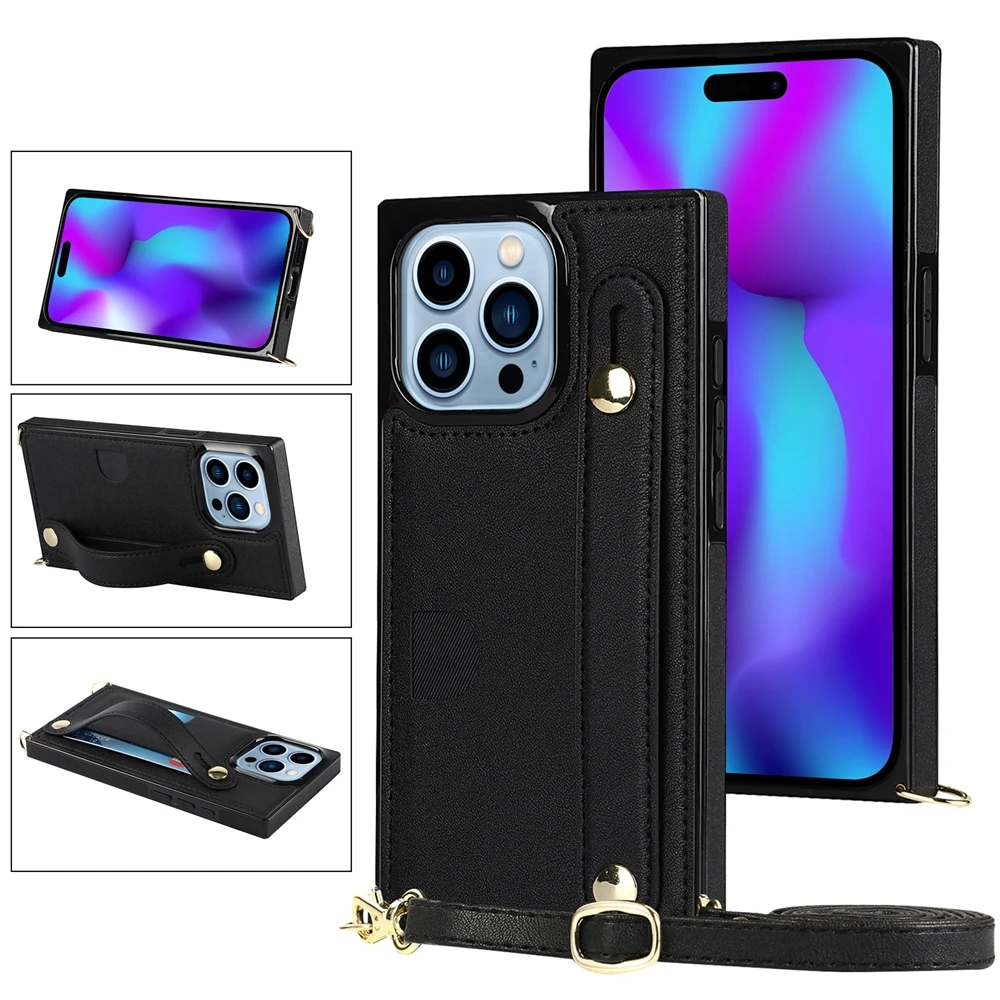 Elegant Crossbody Leather Phone Case with Kickstand and Card Slot Featuring a Wristband Design
