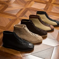 Men’s Handmade Leather Ankle Boots Vintage Lace-Up High Top Motorcycle Shoes with Black Stitching Detail 1