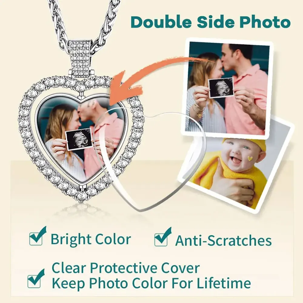 Custom Double Side Rotating Heart Necklace Personalized Family Memory Jewelry Heart Pendant Bling Diamond Necklaces For Couple