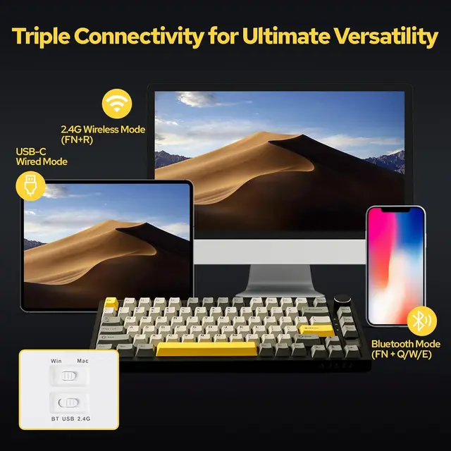 Ajazz AK820 Pro Gaming Mechanical Keyboard Bluetooth/ Wireless/Wired Customized Keyboard with TFT Color Screen Knob 136 Keycaps 3