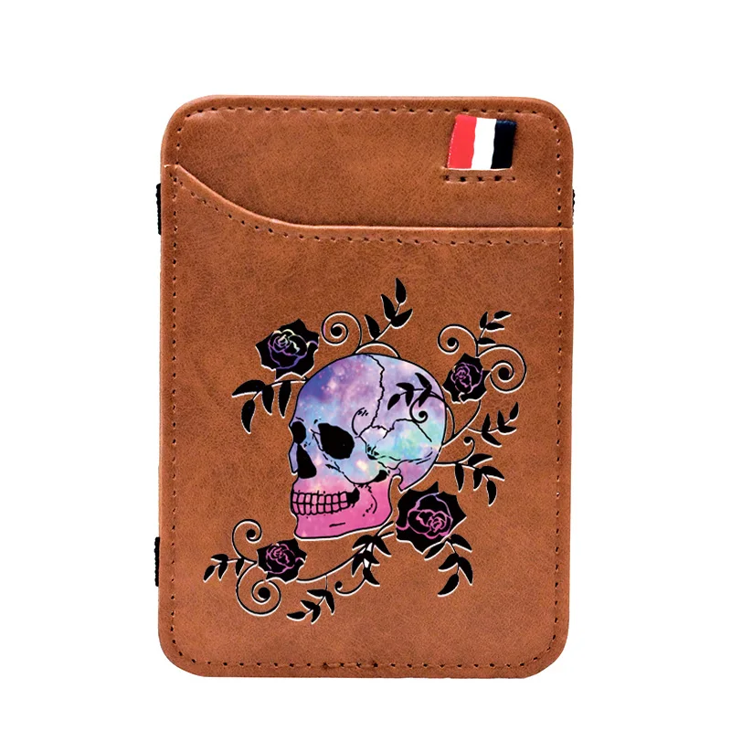 

Brown Vintage Rose Vine Skull Printing Leather Magic Wallets Classic Men Women Money Clips Card Purse Cash Holder